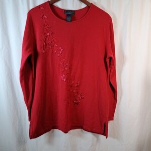 Laura Scott Red Floral Embroidered Leafy Red Flowers Long Sleeve Sweater 16